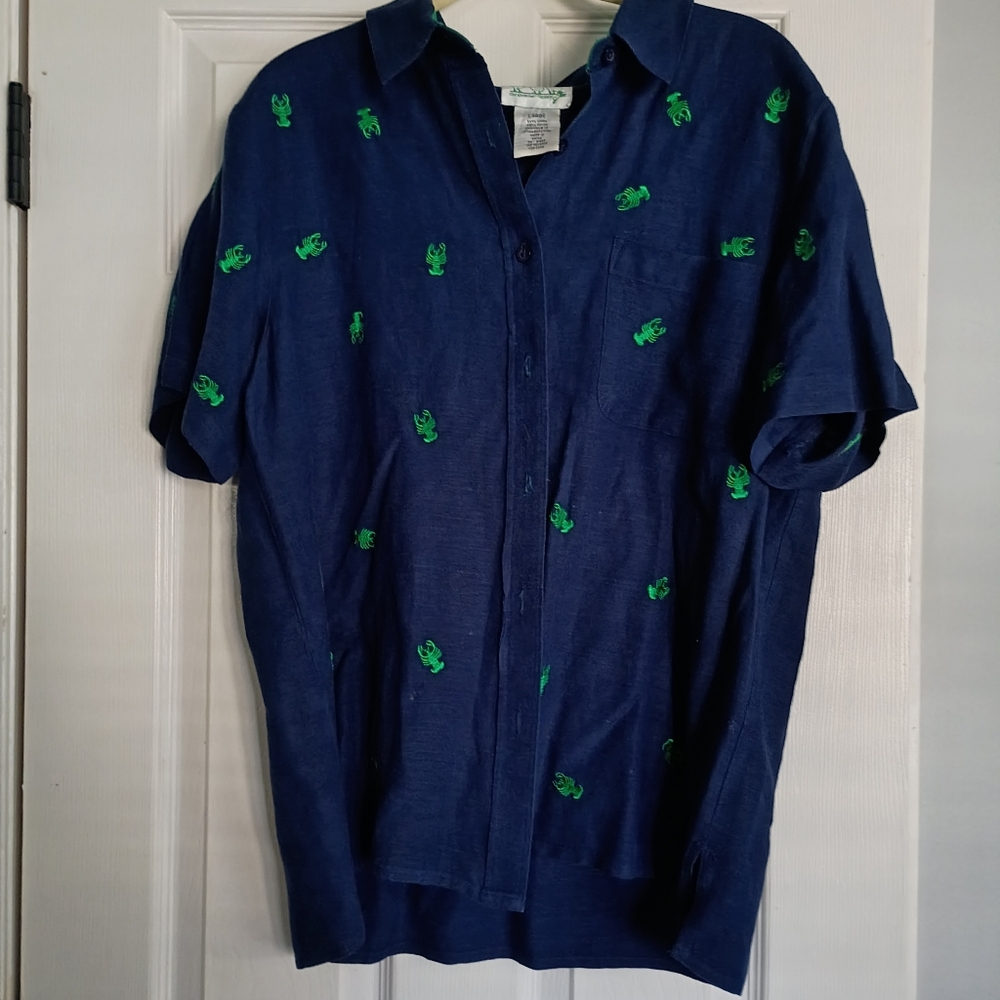Quacker Factory Large Navy Blue Button Down Shirt with Green Lobster Accents
